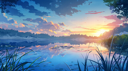 Peaceful anime lake background with sunrise reflection.
