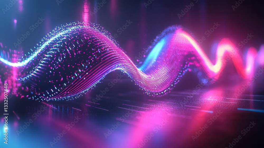 Poster an abstract digital and futuristic visualization of sound waves in motion creating a vibrant neon li