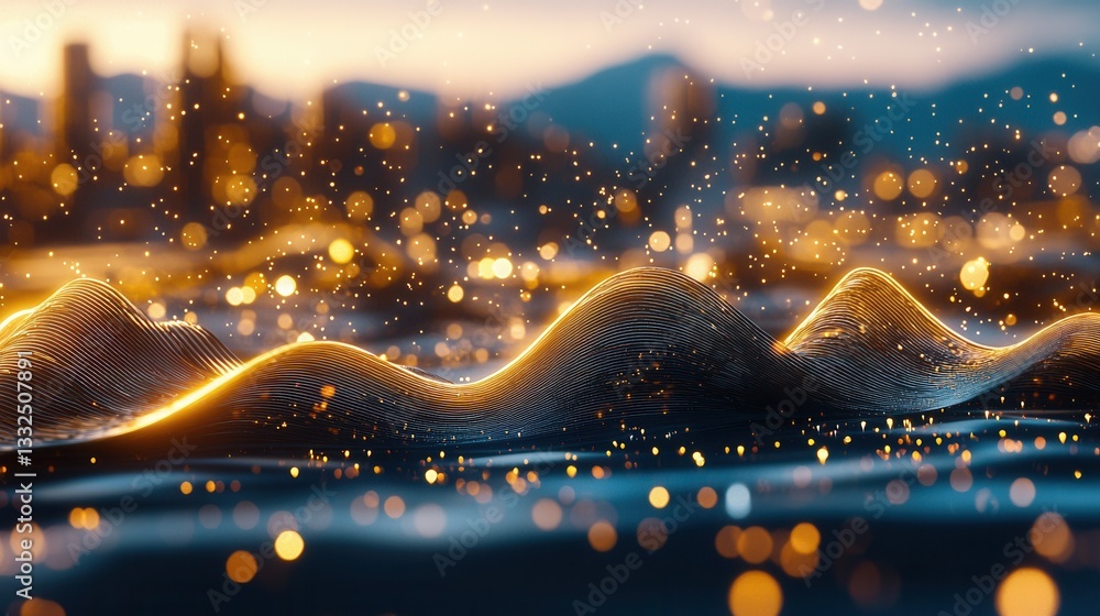 Poster mesmerizing abstract visualization depicting dynamic glowing sound waves with a futuristic neon infu