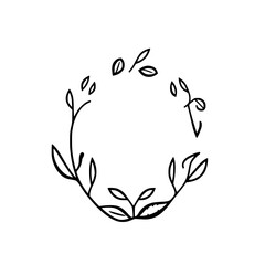 Minimalist Circular Botanical Illustration: Delicate Black Ink Wreath of Leaves and Vines on White Background.