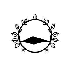 Obraz premium Black and White minimalist circular nature design featuring a mountain within a leafy wreath, evoking a sense of harmony and balance.