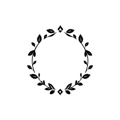 Minimalist Black & White Circular Laurel Wreath Design with Leafy Branches and Geometric Embellishments on White Background