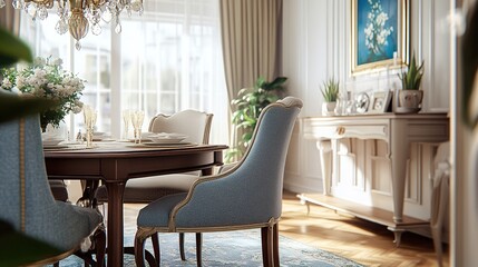 Luxurious Dining Room Interior, Sunlight, Classic Style