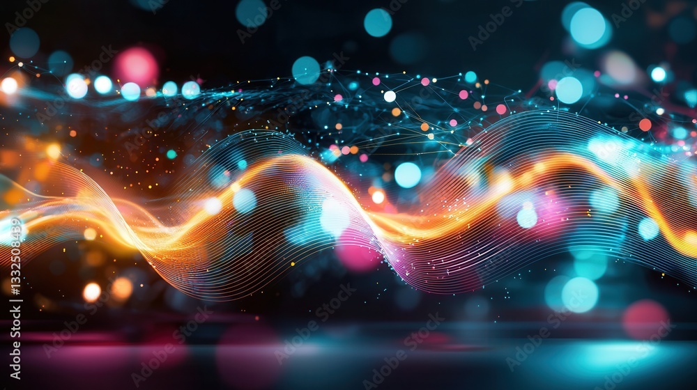 Poster an abstract and captivating visualization of pulsing luminescent sound waves in a dynamic neon infus