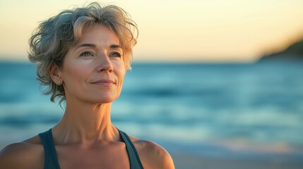 Confident mature woman enjoying peaceful ocean view at sunset