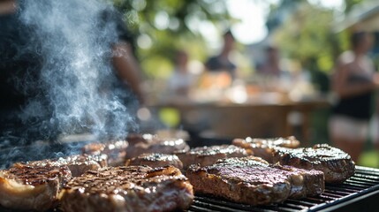Delicious grilled steaks smoking on a barbecue during an outdoor cookout