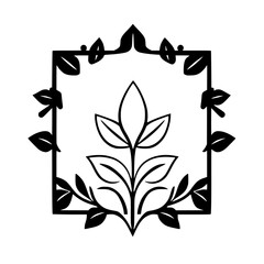 Monochromatic Botanical Square: Minimalist Illustration of a symmetrical plant within a framed leafy design.