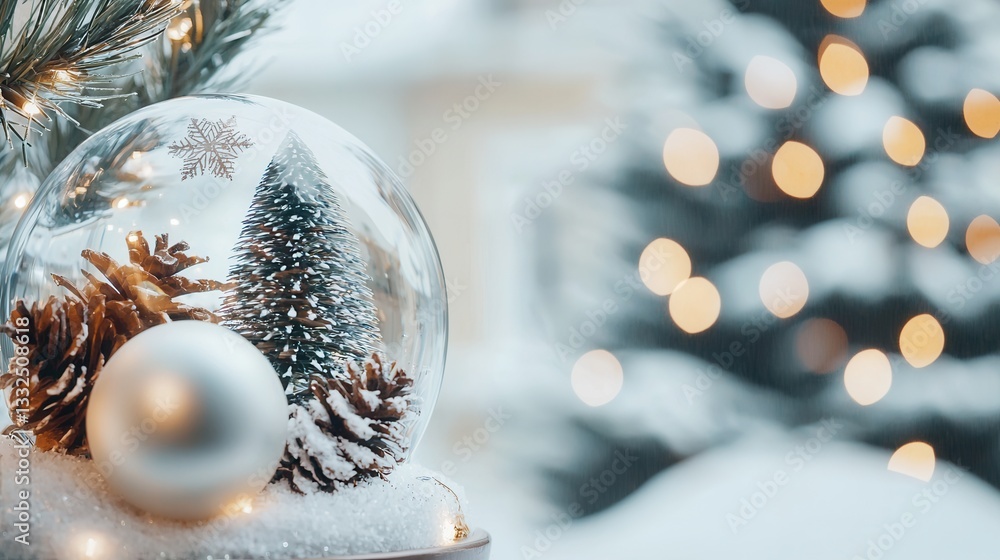 Poster a delightful transparent snow globe filled with sparkling snowflakes and pine cones creating a seren
