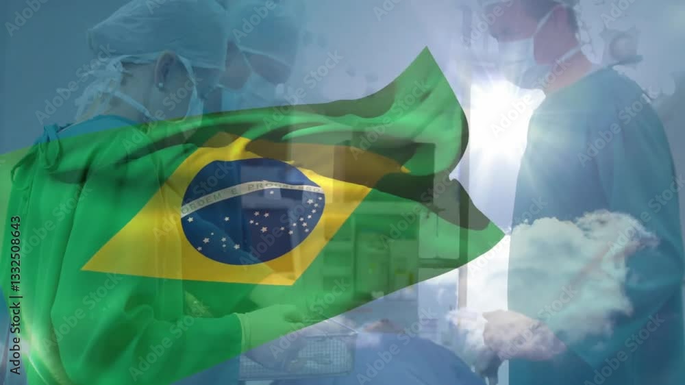 Poster surgeons working in operating room with brazilian flag animation overlay