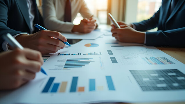 Flat Business team collaboration discussing working with new startup projects discussion and analysis of business charts and graphs. and brainstorming to strategy planning making a profit of the compa