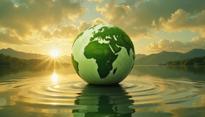 Green globe reflecting on water with mountains in background