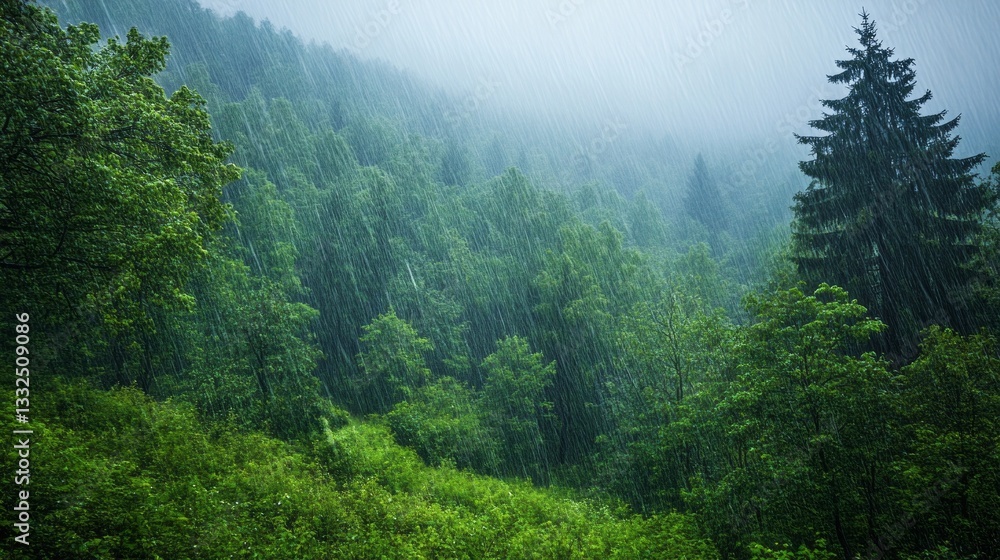 Poster gentle rain cascades over the dense foliage of the carpathian forest, creating a serene atmosphere w