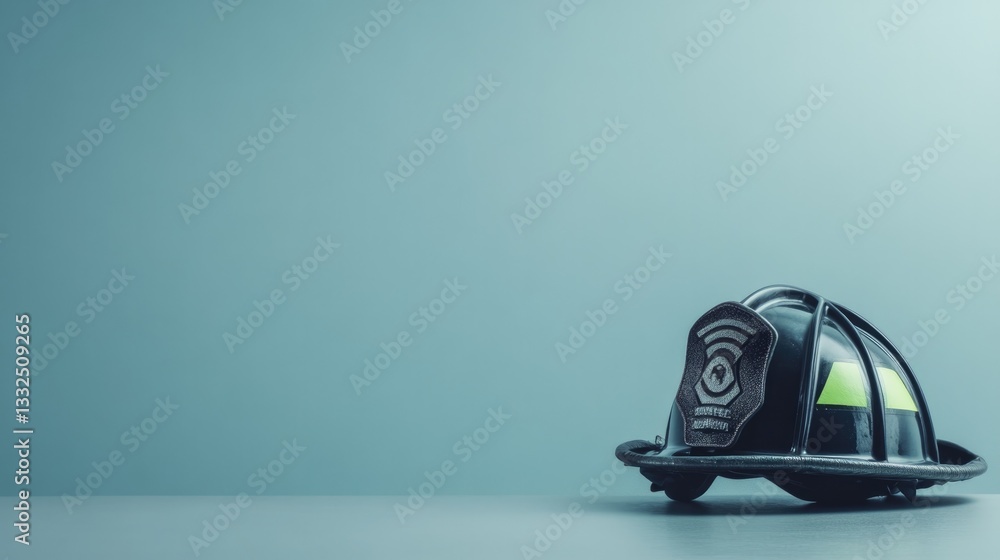 Poster solitary firefighter helmet resting on surface against smooth minimalistic solid color background