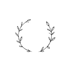 Minimalist Black Line Drawing: Symmetrical Wreath of Delicate Leaves on a Clean White Backdrop.