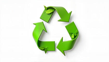 Obraz premium Green recycling symbol with leaves on white background