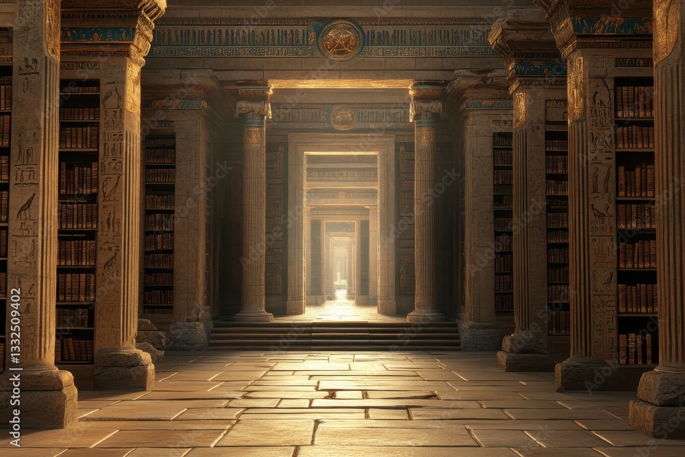 Poster ancient library filled with scrolls and books in a tranquil corridor of sunlight