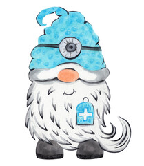 Watercolor gnome doctor, illustration of a medical worker.