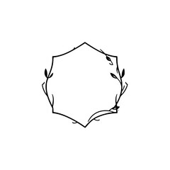 Minimalist Hexagonal Frame with Delicate Leafy Accents in Black Ink on White Background