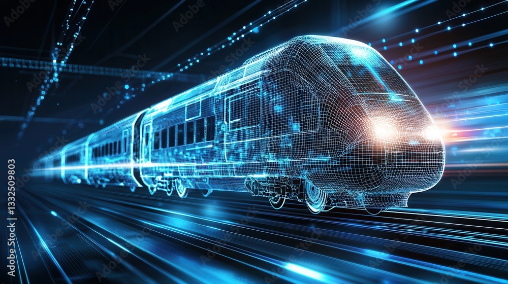 Poster a highly detailed and dynamic wireframe representation of a high speed train rapidly traversing a fu