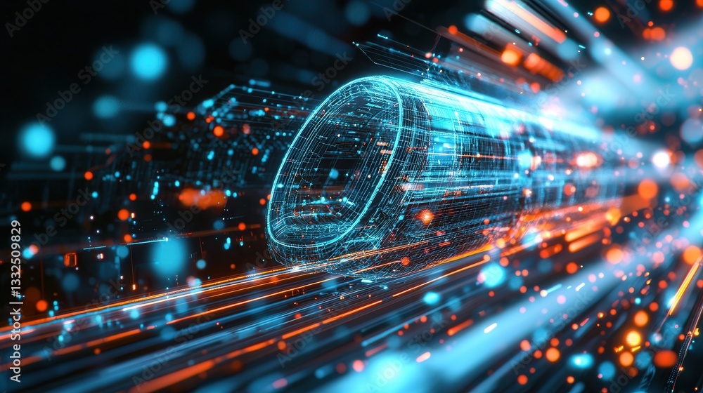 Poster a wireframe rendering of a futuristic train rapidly traversing a dynamic data driven digital landsca
