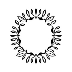 Intricate Black & White Circular Wreath Design Featuring a Floral Leaf Pattern with Detailed Leaves and Berries Isolated on White Background.