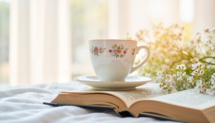 Delicate porcelain tea cup on book with morning sunlight, serene ambiance