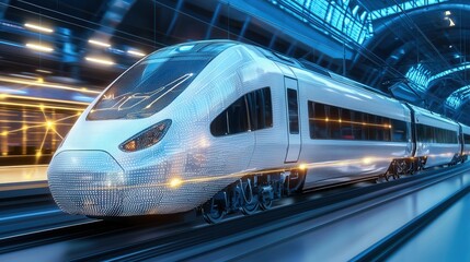 Fototapeta premium A sleek modern high speed rail train speeding through a neon lit futuristic train station showcasing the power and efficiency of advanced transportation technology
