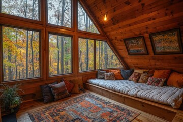 A frame cabin interior with cozy wooden walls and big windows