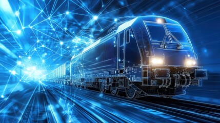 A high speed train races across the tracks its powerful engine propelling it forward with tremendous speed and luminous energy