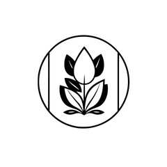 Monochrome Floral Emblem:  Symmetrical Design featuring a stylized tulip-like blossom inside a circular frame, with vertical stripes.