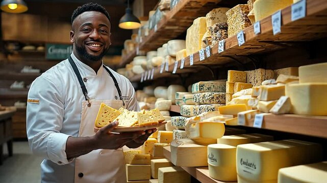 Cheesemonger smiles while displaying a variety of cheeses in a busy artisanal cheese shop