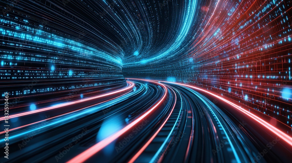 Poster an abstract and futuristic depicting a wireframe train moving at high velocity through a luminous di
