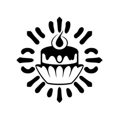 Black and white vector illustration of a stylized cake with a flame on top, surrounded by radiating elements, evoking a sense of celebration and light.
