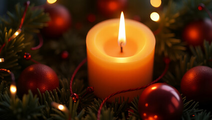 Flat Elegant Candle Surrounded by Festive Holiday Decor for a Cozy Ambiance - Vector Illustration