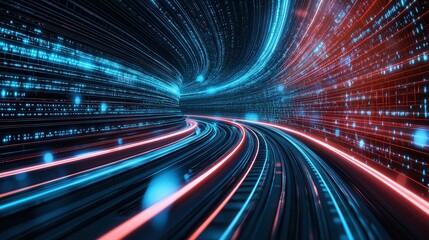 An abstract and futuristic depicting a wireframe train moving at high velocity through a luminous digitally rendered environment filled with glowing blue details and vibrant trails of light