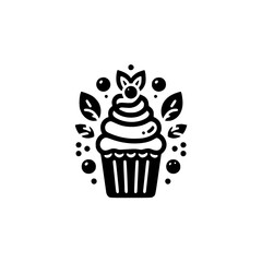 Artistic black and white vector illustration of a cupcake adorned with berries and leaves, creating an elegant, minimalist design.