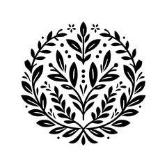 Symmetrical Black and White Botanical Design Featuring Leafy Branches and Floral Accents in Circular Arrangement.