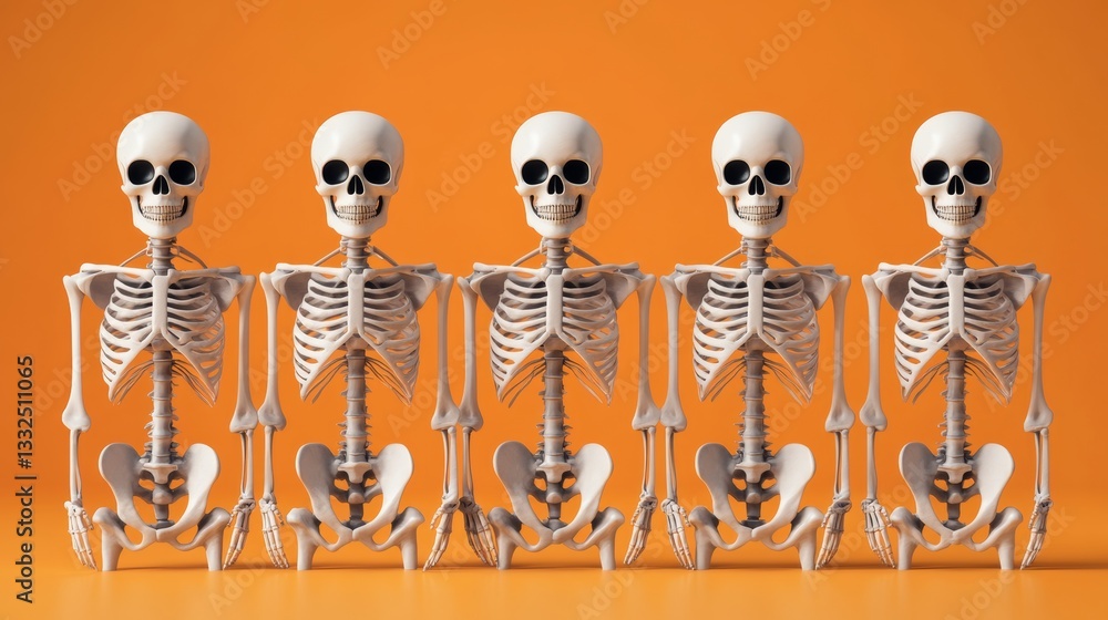 Poster group of five skeletons are sitting in a row on an orange background. the skeletons are all facing t