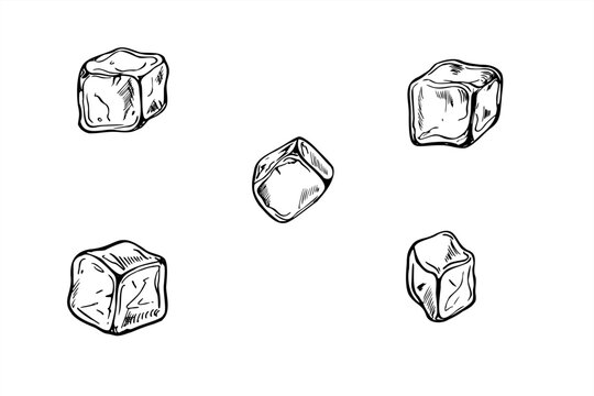 Monochrome vector single ice cubes with smooth edges set illustration painted by black inks. Etching drawing of frozen juice or water cube for drinks. Food elements for menu, cocktail party