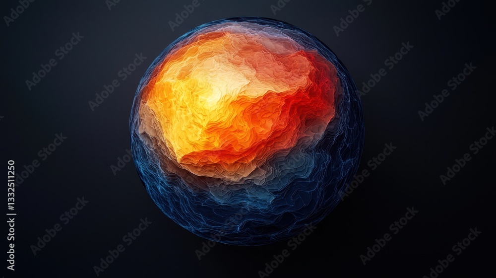 Poster abstract representation of a fiery planet on a dark background.