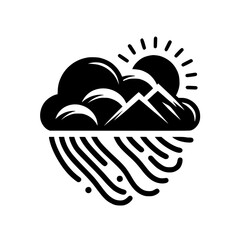 Stylized black and white weather icon depicting sun peeking over mountains shrouded in cloud with rain falling below, isolated on white.