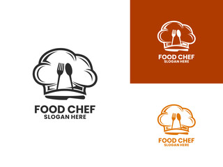 Chef logo design vector. Food logo with chef hat, fork, spoon and knife icon. Food logo design template