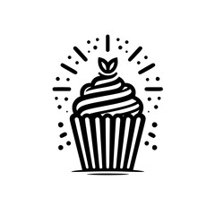 Minimalist black and white line art of a cupcake with striped frosting, decorative flourishes, and a simple leaf sprig.