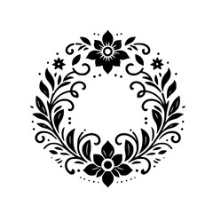 Black and White Floral Wreath Design with Detailed Leaves, Dots, and Flowers in a Symmetric Circular Composition.
