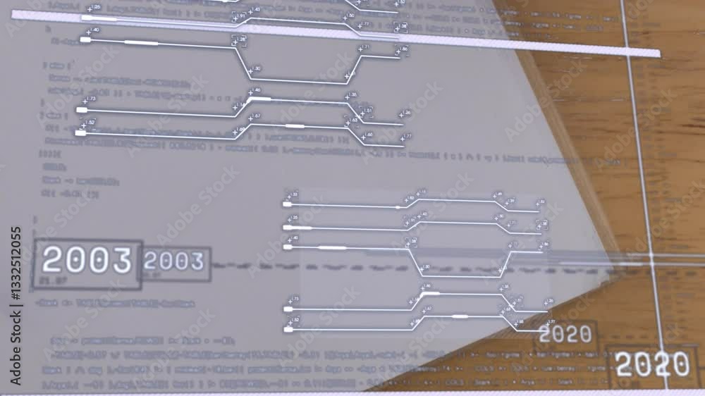 Poster digital timeline animation over printed circuit diagrams on wooden table
