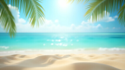 Fototapeta premium Explore Serene Summer Adventures: Flat Tropical Beach Illustrations with Bokeh Sunlight for Travel Promotions and Vacation Relaxation Highlights