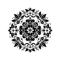Intricate Black and White Floral Mandala Pattern, Symmetrical Arrangement with Decorative Leaves and Dots on a White Background.
