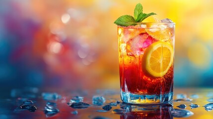 Refreshing iced tea with lemon and mint on colorful background