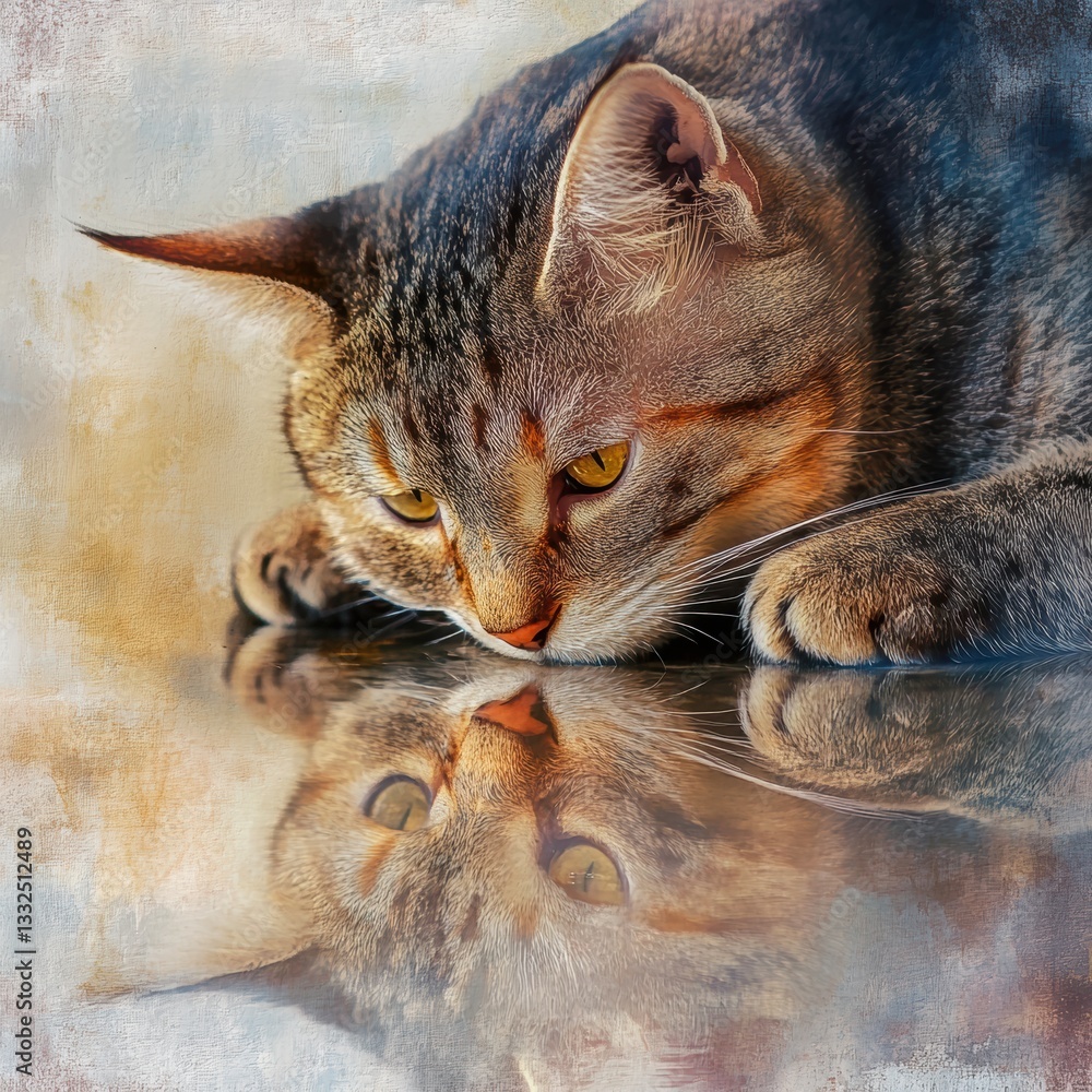 Poster cat gazes intently at its reflection on a smooth surface in a serene indoor setting