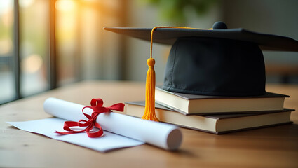 Graduation Concept: Cap, Books, and Degree on Wooden Table